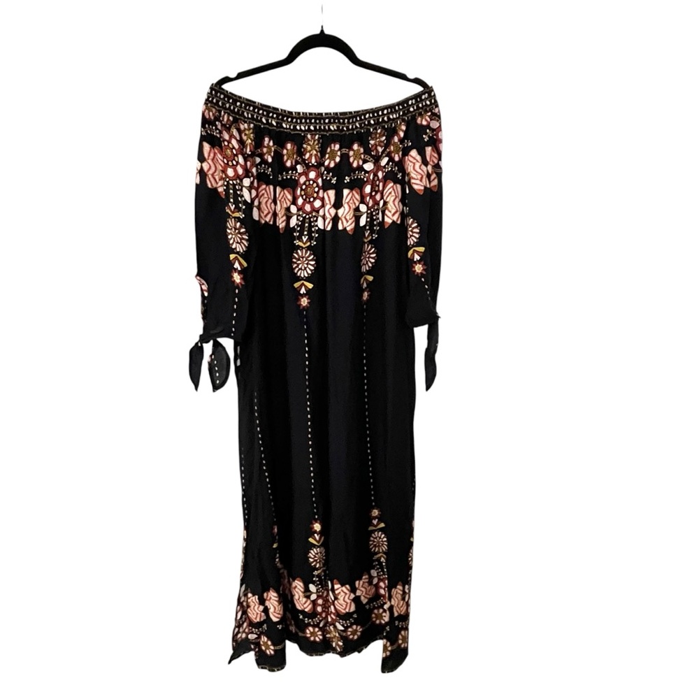 NWT Boho Caftan Maxi Dress One Size Black Floral Off Shoulder Pockets Slits - Picture 6 of 6